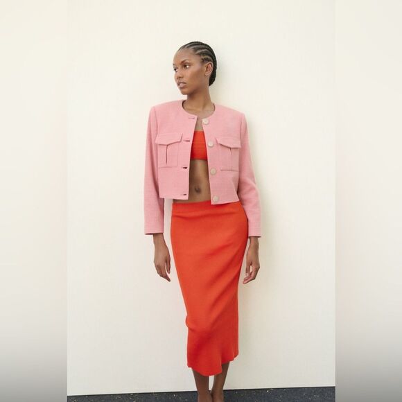 NEW Zara Button Front Tweed Cropped Blazer Jacket in Pink - Picture 1 of 11